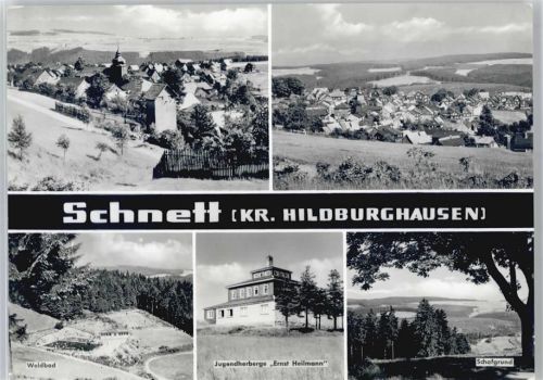 98666 O6121 Schnett - Winter- Karte, Kirche, Ortsansicht, Waldbad, Jugendherberge Ernst Heilmann, Schafgrund