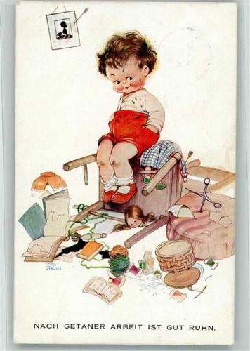 1929 Humor , nach getaner Arbeit , Schere Puppenkopf