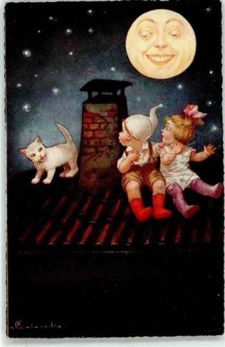 1928 Katze Dach Kinder sign. Colombo
