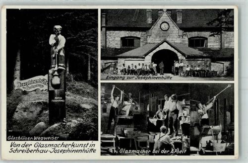 Schreiberhau Josephinenhütte Wegweiser Glasbläser + Galsmacher bei der Arbeit AK