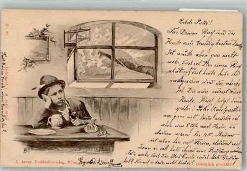 1898 sign. Türlhofer Nachdenklicher Junge in österreichischer Tracht mit Pfeife und Bier