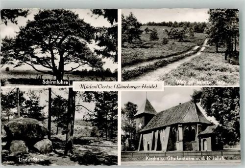 Müden 1960 Lüneburger Heide Kirche Glockenturm Linde-Stein Schirmfuhre