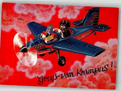 sign. RuPa Der Krampus mit Geschenken in einem Flugzeug