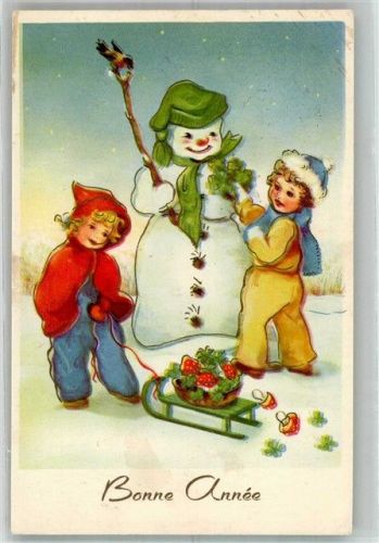 Kinder mit Schlitten Pilzen und Glücksklee Neujahr Künstlerkarte