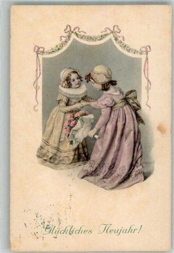 Zwei Mädchen in klassischen Kleidern wünschen sich ein gutes Neujahr Rosen M. Munk Nr. 593