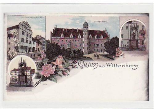 Lithographie Gruß aus Wittenberg mit Lutherhaus, Luther - Denkmal, Melanchthon Haus und Melanchthondenkmal. ungelaufen um 1900 Oxydationsspuren am rechten Rand Karte ist am Rand unten leicht beschnitten, sonst gut erhalten.