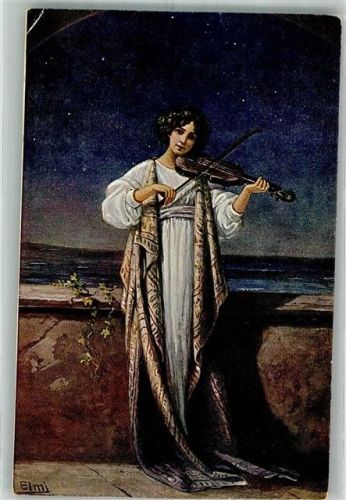 sign. Elmi Junge Geigerin in klassischer Kleidung unter dem sternenklaren Himmel Künstlerkarte S.V.D. No. 308