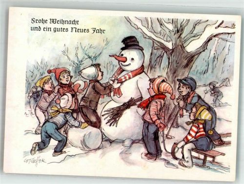 sign. Cefischer Kinder binden Schneemann Schal um Schlitten Neujahr Weihnachten Dennoch-Verlag Nr. 2146