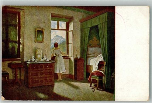 1917 Junge Frau blickt in der Morgenstunde aus dem Fenster Jugend-Postkarte G. Hirth's Verlag Serie XI 4. Feldpost WK I Landwehr-Inf.-Regt. Nr. 66