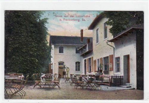 Frankenberg mit Gasthaus Lützelhöhe gelaufen von 1907. Vorder- und Rückseite leicht fleckig, kleiner Knick unten in der Mitte, sonst gut erhalten.
