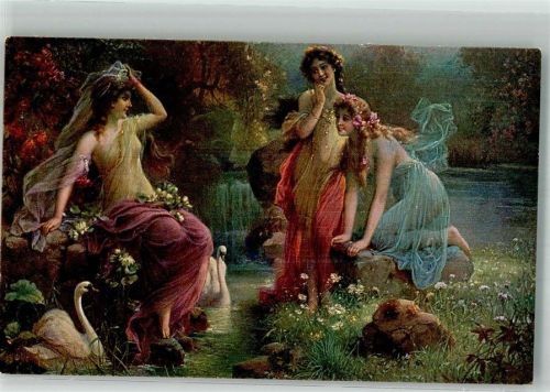 Nymphen an einem Waldsee Schwan Erotik Münchner Kunst Nr. 3127