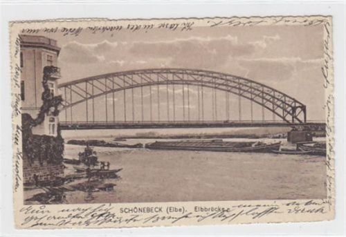 Schönebeck a. d. Elbe. Elbbrücke gelaufen, mit Marke und Stempel, Datum nicht lesbar kleiner Knick unten links, sonst gut erhalten