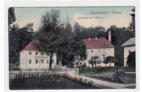 Liegau-Augustusbad Augustusbad mit Radeberger- und Kaffeehaus gelaufen, Marke entfernt. Leicht bügig, leicht abgerundete Ecke n, leichter Stempeldurchdruck, sonst gut erhalten.