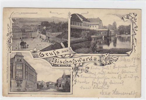 drei verschiedenen Abbildungen von Bischofswerda gelaufen 1900. Marke entfernt. Leicht fleckig, sonst gut erhalten.