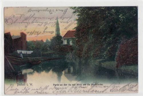 Bocholt mit Partie a.d. Aa u. Blick auf die Stadtkirche gelaufen, mit Marke und Stempel von ca. 1900 kleiner Knick unten rechts, sonst gut erhalten