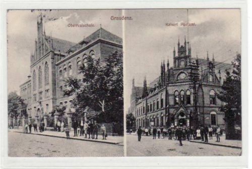 Graudenz / Grudziadz, 2 Abbildungen mit Oberrealschule und Postamt. Feldpost, Stempel von 1915. Leichte Stempelspuren, sonst gut erhalten