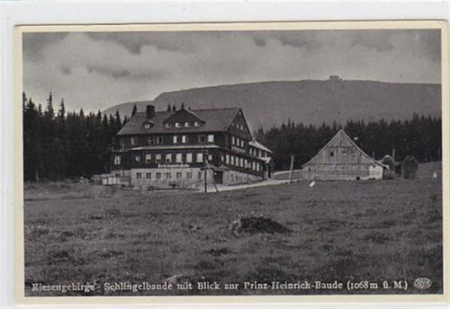 Schlingelbaude mit Blick zur Prinz-Heinrich-Baude im Riesengebirge / Kreis Hirschberg - Jelenia Góra ungelaufen Gute Erhaltung.