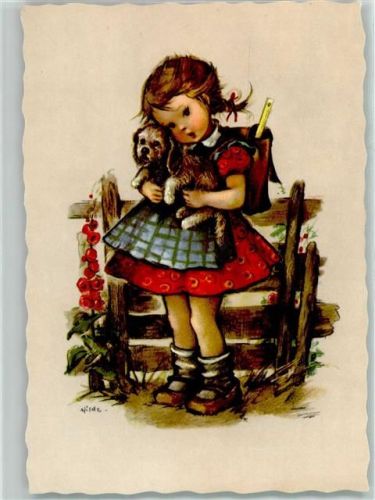 Mädchen Schulranzen Hund sign. Hilde AK