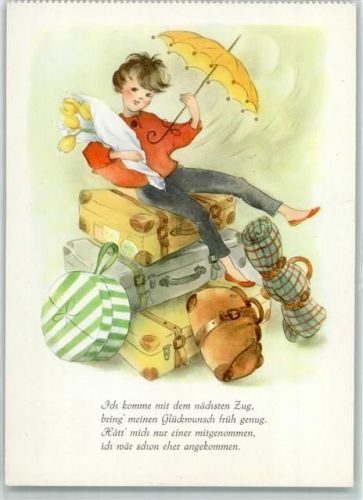 Kind Gepäck Hutschachtel Regenschirm Glückwunsch Nr. 727 sign. Margret Savelsberg Verlag Nattermüller AK