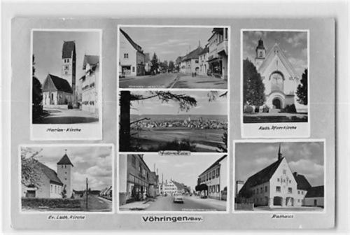 Vöhringen mit katholischer und evangelischer Kirche, Marien-Kirche, Rathaus, Memmingerstrasse und Ulmerstrasse gelaufen. Leichter Schrift- und Stempeldurchdruck, sonst gut erhalten