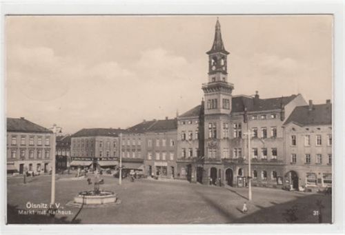 Oelsnitz ölsnitz im Vogtland. Markt Rathaus gelaufen, 1937. Leichter Schrift- und Stempeldurchdruck, sonst gut erhalten