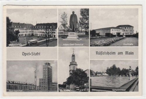 Rüsselsheim am Main mit Adam-Opel-Denkmal, Stadthalle, Schwimmbad, evangelische Kirche, Opel Bahnhof und Marktplatz gelaufen, 1953. Leicht bügig, kleiner Knick unten links, sonst gut erhalten