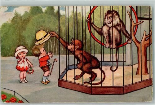 Kinder im Zoo Affengehege AK Boriss, M. 1930 Gebrauchsspuren