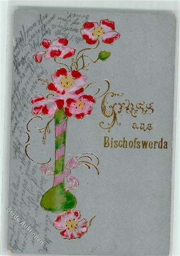01877 O8500 Bischofswerda 1909 Prägedruck Gruss Blumen Vase