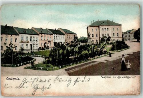 08606 O9920 Oelsnitz /Vogtl. 1905 Gebrauchsspuren Postplatz mit Kgl. Amtsgericht