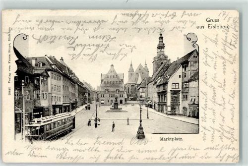 06295 O4250 Lutherstadt Eisleben 1902 Gebrauchsspuren Marktzplatz Lutherdenkmal Straßenbahn
