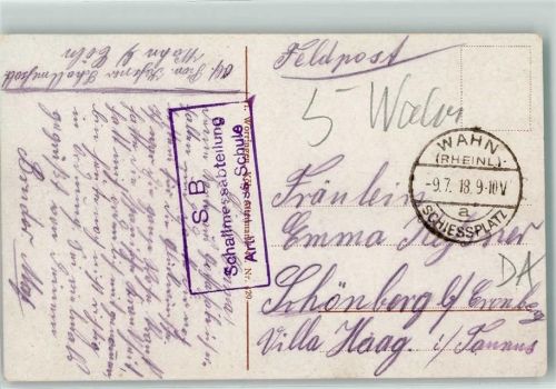 W4474 Wahn S. B. Schallmessabteilung Artl. Schiess Schule Köln Denkmal Kaiser Wilhelm I. auf dem Kaiser Wilhelm-Ring Feldpoststempel WK I 1918