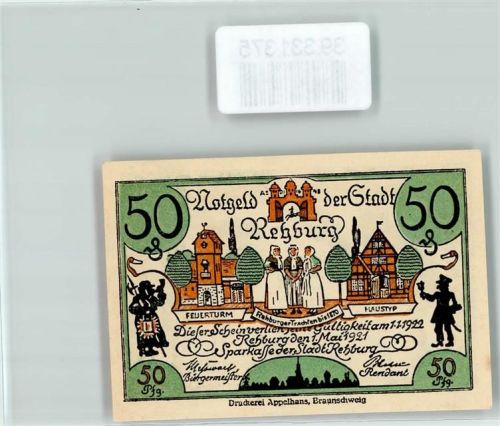 Rehburg-Loccum Notgeld 50 Pfennig Feuerturm Tracht Scherenschnitt