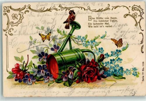 1902 Giesskanne Spatz Veilchen Vergissmeinnicht