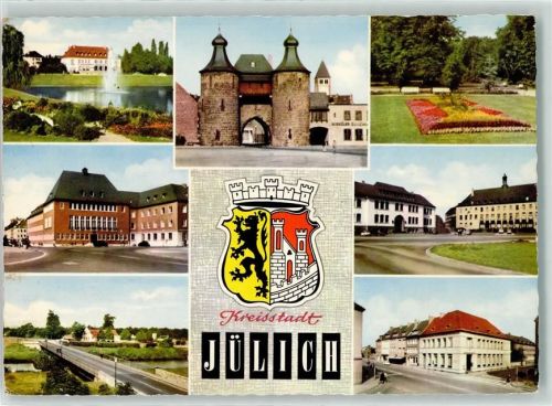 Jülich Hexenturm Teich Wasserfontaine Brücke Wappen