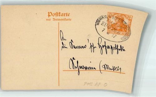 Ganzsache Wismar - Neustadt Dosse Zug 266 Scan verzogen Bahnpoststempel 1917
