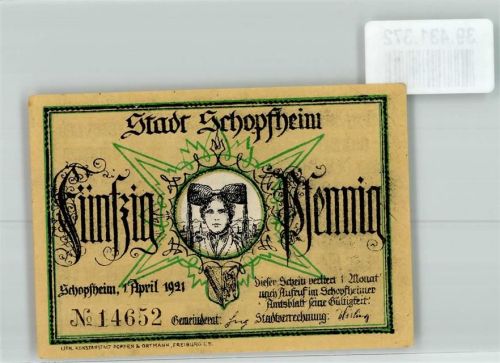 Schopfheim 1921 Fünfzig Pfennig Nr.14652 Tracht Der Wächterruf Gedicht Johann Peter Hebel