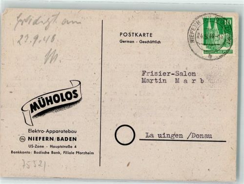Niefern 1948 Müholos Elektro-Apparatebau Firmenschreiben