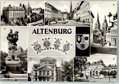 Altenburg Brunnen Wappen Omnibus Autos Fahrrad Bahnhof Theater