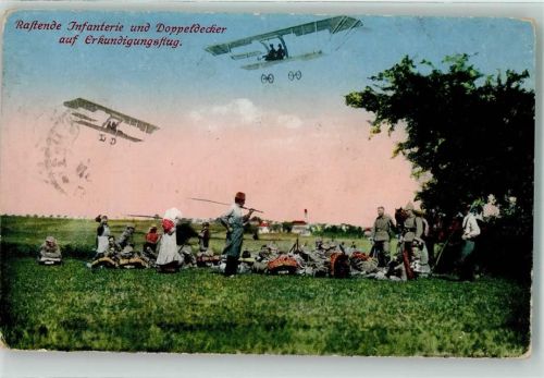 1916 Rastende Infanterie u. Doppeldecker auf Erkundigungsflug