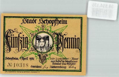 Schopfheim 1921 Schwarzwaldtracht 50 Pfennig Wappen J.P. Hebel