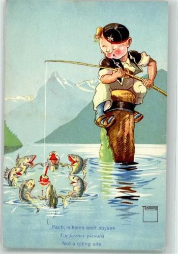 Appenzeller Tracht Junge angelt Fische Serie Nr. 9