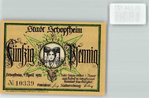 Schopfheim 1921 Schwarzwaldtracht 50 Pfennig Blashorn Wappen Der Wächterruf sign. J.P. Hebel