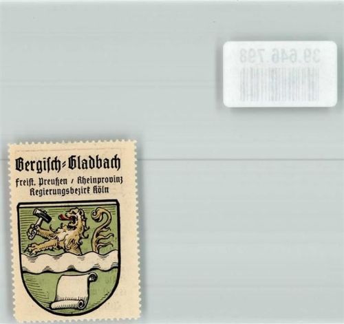 Bergisch Gladbach Wappen Wellenbalken Löwe Hammer eingerolltes Papierblatt Gold SIlber Grün