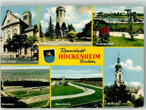 Hockenheim Kath. Kirche Ev. Kirche Wasserturm Schwimmbad Fliegeraufnahme des Motodroms