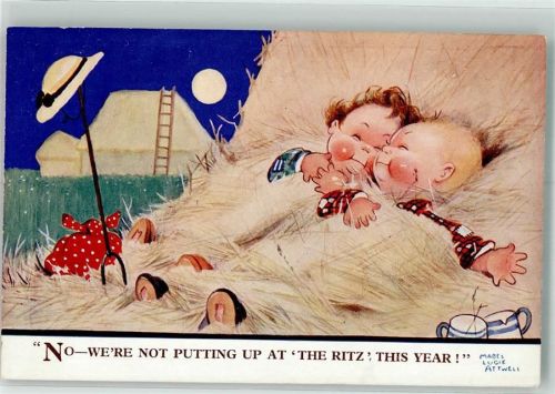 1932 Zwei selig schlummernde Kinder im Heuhaufen Valentine's Attwell Postcards 2189