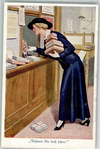 Frau beim Postschalter Serie Sonnenschein in ernster Zeit Bild 2 WK I Künstler Caes Karte