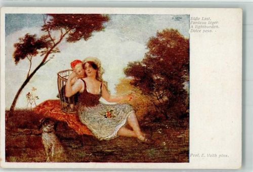 sign. Prof. Veith Junge Mutter mit Kind im geschultertemTragekorb und einem Hund neben sich Verlag Wiener Kunst B.K.W.I. Nr. 2455