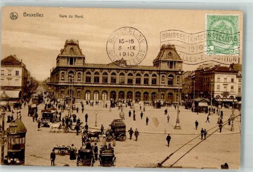 Brüssel 1910 Bahnhof Postkutsche Briefmarke Bildseite