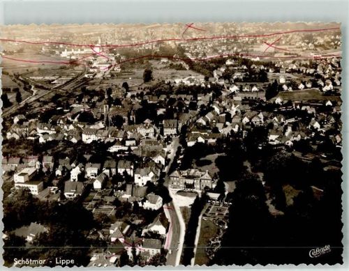 Schötmar Fliegeraufnahme des Ortes mit Kilianskirche Foto Original aus Archiv eines Ansichtskartenverlags Striche auf Bildseite