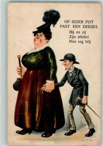 1911 Dünner kleiner Mann an der Hand von einer dicken großen streng guckenden Frau Humor WSSB 163 Künstlerkarte